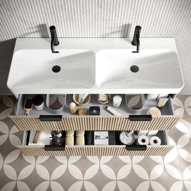 Cadiz Fluted Apex Oak Wall Hung Double Basin Drawer Vanity 1200mm - Black Accents