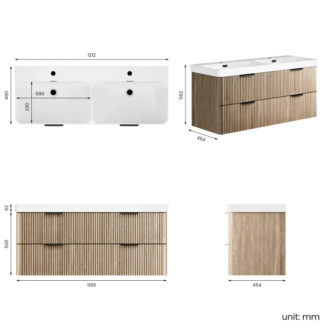 Cadiz Fluted Apex Oak Wall Hung Double Basin Drawer Vanity 1200mm - Black Accents
