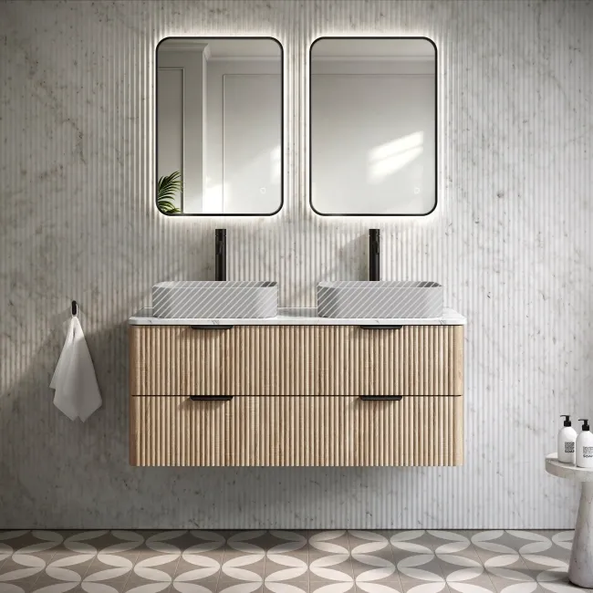 Cadiz Fluted Apex Oak Double Wall Hung Drawer Vanity with Marble Top 1200mm (Excludes Basin) - Black Accents
