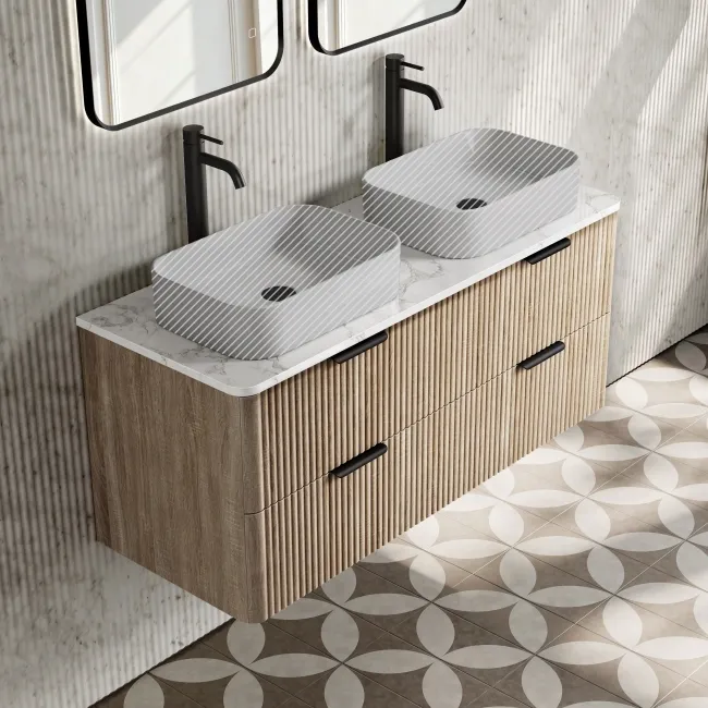Cadiz Fluted Apex Oak Double Wall Hung Drawer Vanity with Marble Top 1200mm (Excludes Basin) - Black Accents