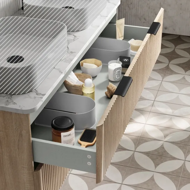 Cadiz Fluted Apex Oak Double Wall Hung Drawer Vanity with Marble Top 1200mm (Excludes Basin) - Black Accents