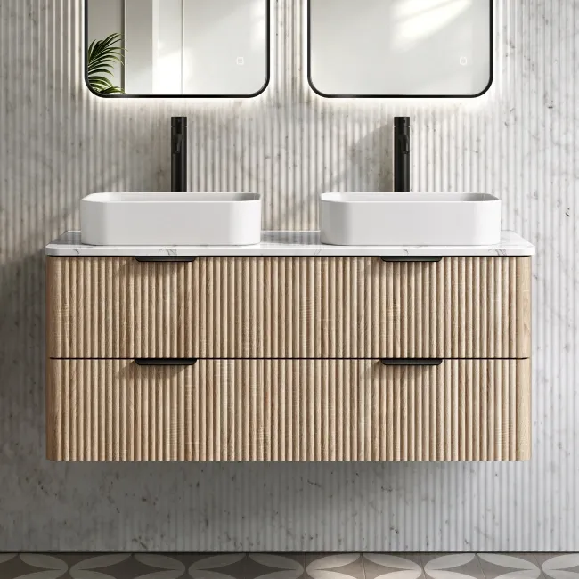 Cadiz Fluted Apex Oak Double Wall Hung Drawer Vanity with Marble Top & Marin Basin 1200mm - Black Accents