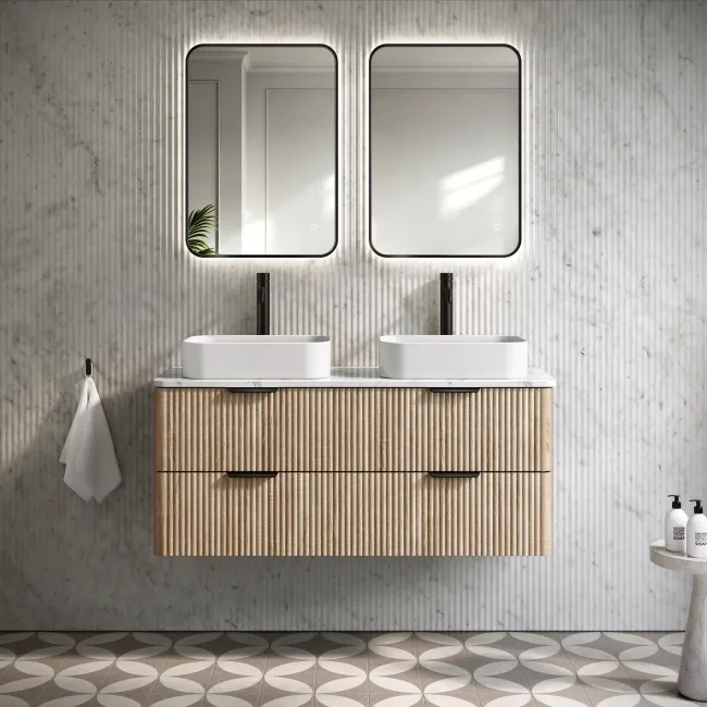 Cadiz Fluted Apex Oak Double Wall Hung Drawer Vanity with Marble Top & Marin Basin 1200mm - Black Accents