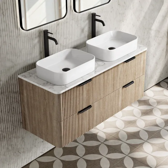 Cadiz Fluted Apex Oak Double Wall Hung Drawer Vanity with Marble Top & Marin Basin 1200mm - Black Accents