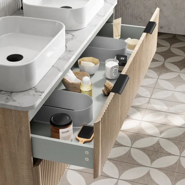 Cadiz Fluted Apex Oak Double Wall Hung Drawer Vanity with Marble Top & Marin Basin 1200mm - Black Accents