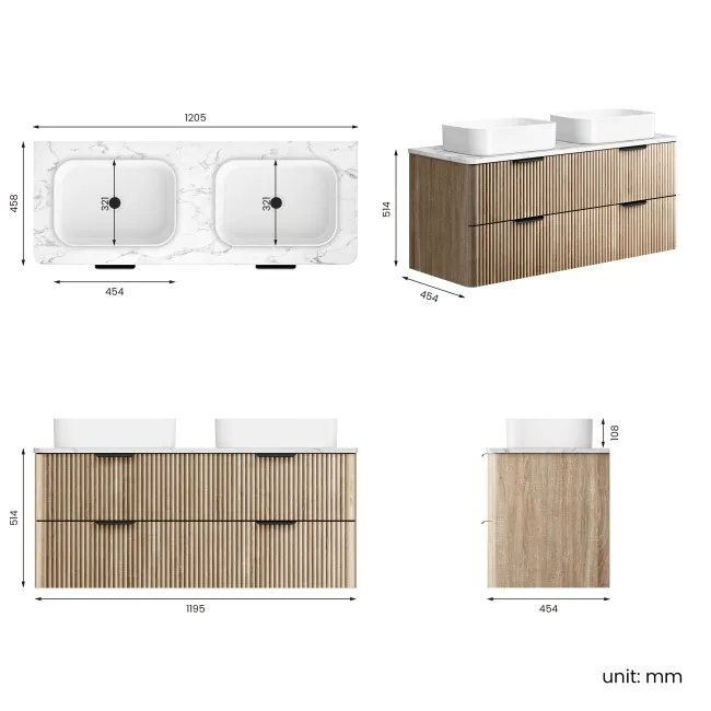 Cadiz Fluted Apex Oak Double Wall Hung Drawer Vanity with Marble Top & Marin Basin 1200mm - Black Accents