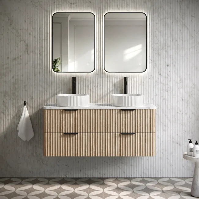 Cadiz Fluted Apex Oak Double Wall Hung Drawer Vanity with Marble Top & Nevis Basin 1200mm - Black Accents