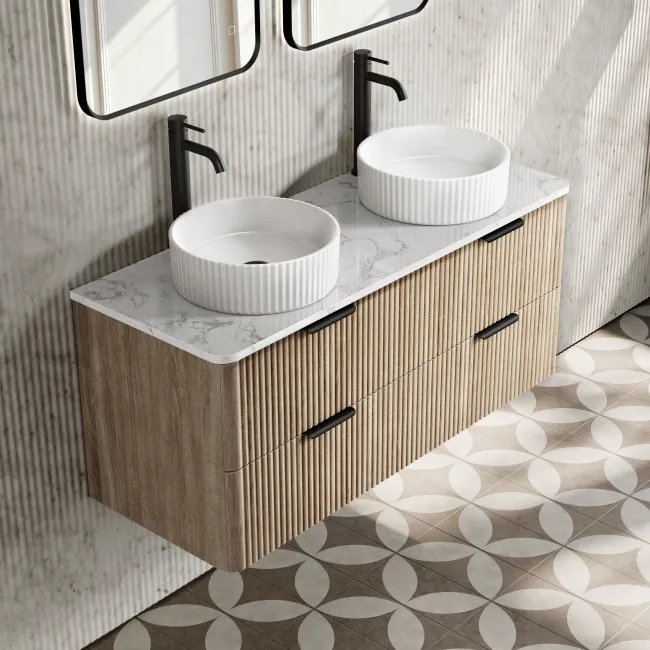 Cadiz Fluted Apex Oak Double Wall Hung Drawer Vanity with Marble Top & Nevis Basin 1200mm - Black Accents