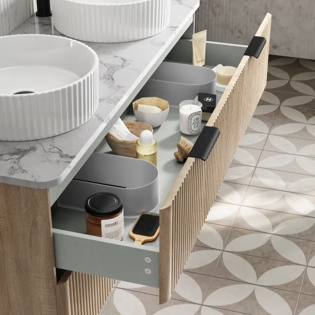 Cadiz Fluted Apex Oak Double Wall Hung Drawer Vanity with Marble Top & Nevis Basin 1200mm - Black Accents