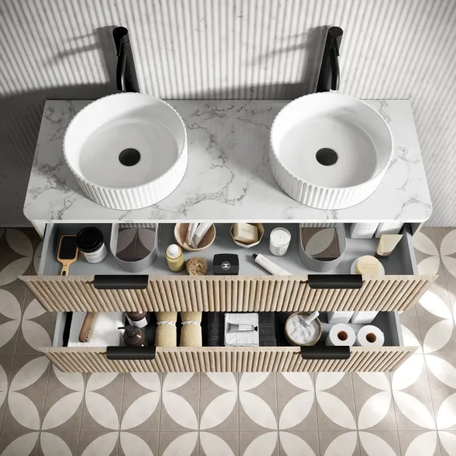 Cadiz Fluted Apex Oak Double Wall Hung Drawer Vanity with Marble Top & Nevis Basin 1200mm - Black Accents