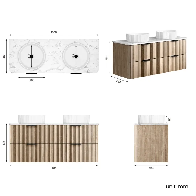 Cadiz Fluted Apex Oak Double Wall Hung Drawer Vanity with Marble Top & Nevis Basin 1200mm - Black Accents