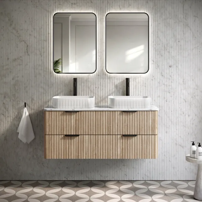 Cadiz Fluted Apex Oak Double Wall Hung Drawer Vanity with Marble Top & Reno Basin 1200mm - Black Accents