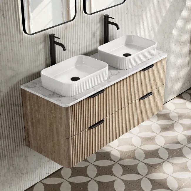 Cadiz Fluted Apex Oak Double Wall Hung Drawer Vanity with Marble Top & Reno Basin 1200mm - Black Accents