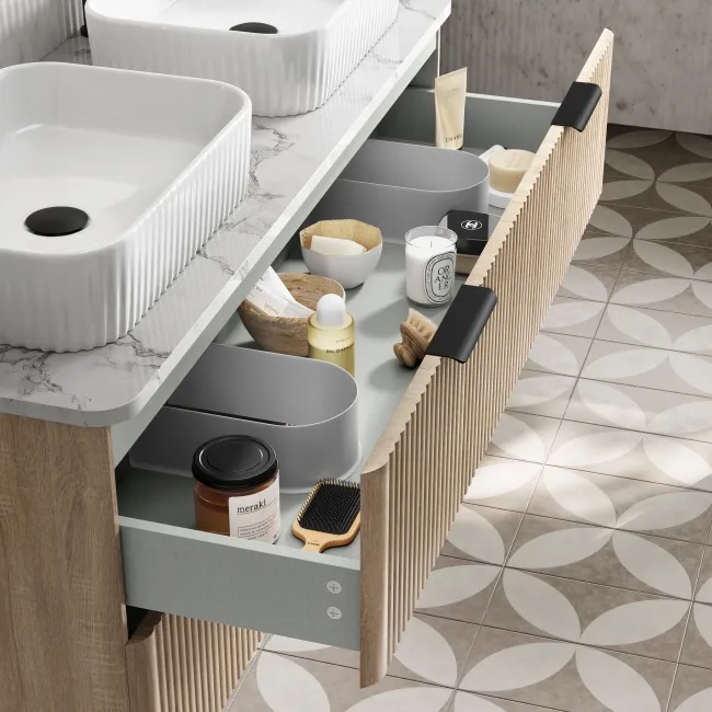Cadiz Fluted Apex Oak Double Wall Hung Drawer Vanity with Marble Top & Reno Basin 1200mm - Black Accents