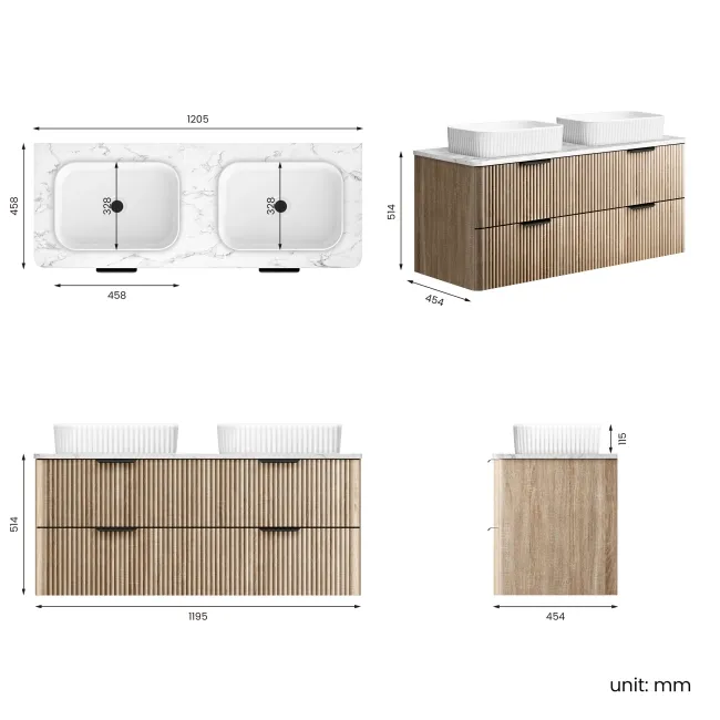 Cadiz Fluted Apex Oak Double Wall Hung Drawer Vanity with Marble Top & Reno Basin 1200mm - Black Accents