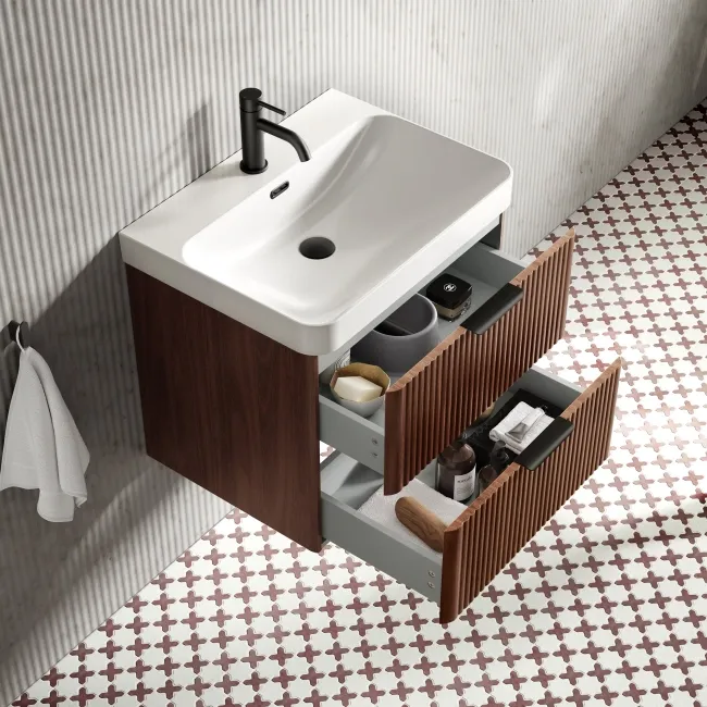 Cadiz Fluted Apex Walnut Wall Hung Basin Drawer Vanity 600mm - Black Accents
