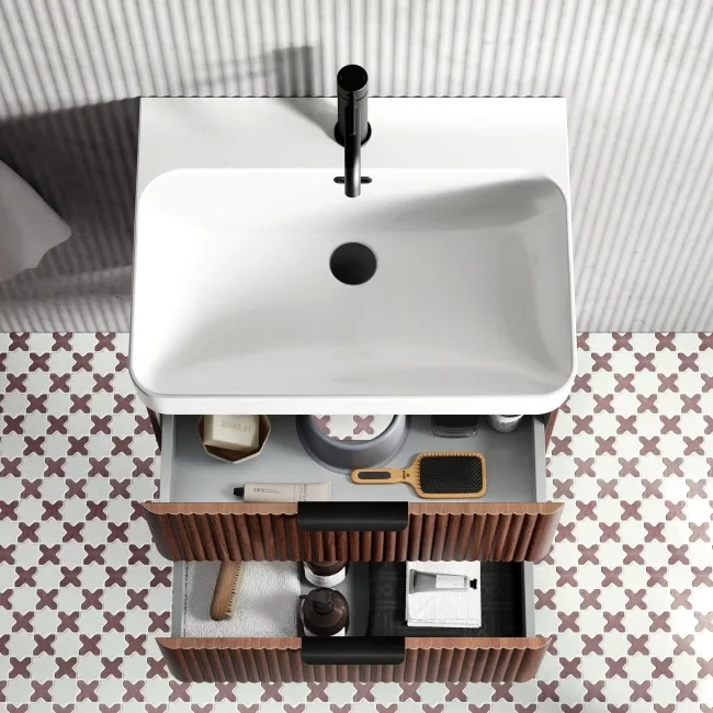 Cadiz Fluted Apex Walnut Wall Hung Basin Drawer Vanity 600mm - Black Accents