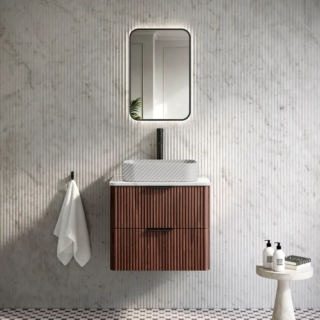 Cadiz Fluted Apex Walnut Wall Hung Drawer Vanity with Marble Top 600mm (Excludes Basin) - Black Accents