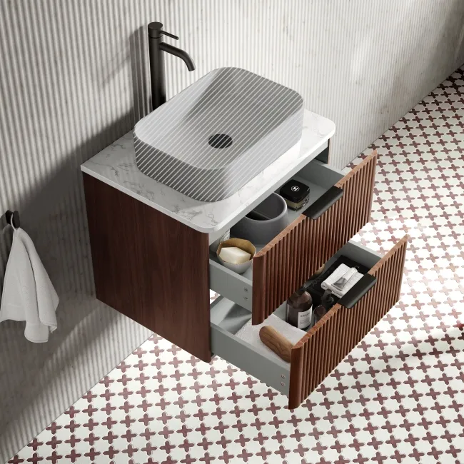 Cadiz Fluted Apex Walnut Wall Hung Drawer Vanity with Marble Top 600mm (Excludes Basin) - Black Accents