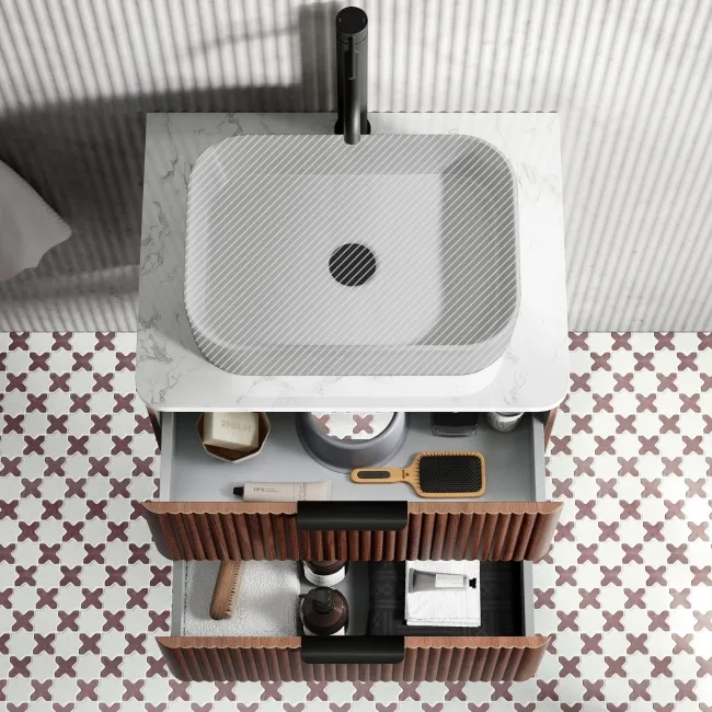 Cadiz Fluted Apex Walnut Wall Hung Drawer Vanity with Marble Top 600mm (Excludes Basin) - Black Accents