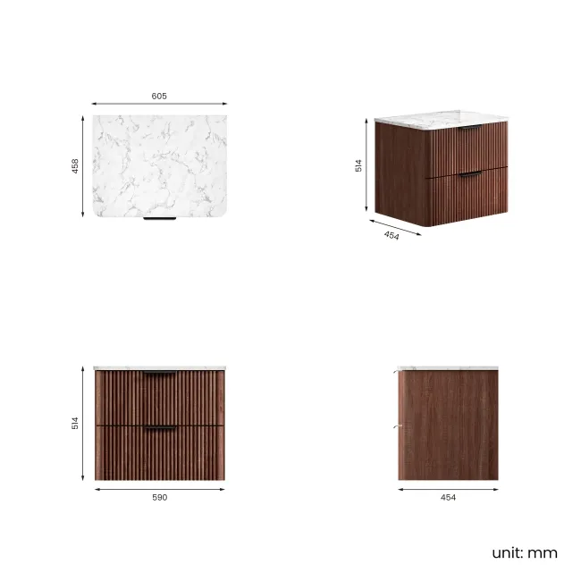 Cadiz Fluted Apex Walnut Wall Hung Drawer Vanity with Marble Top 600mm (Excludes Basin) - Black Accents