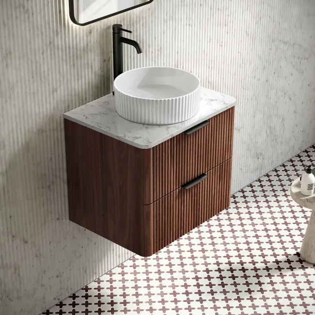 Cadiz Fluted Apex Walnut Wall Hung Drawer Vanity with Marble Top & Nevis Basin 600mm - Black Accents