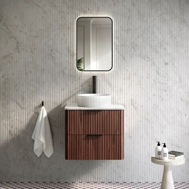 Cadiz Fluted Apex Walnut Wall Hung Drawer Vanity with Marble Top & Nevis Basin 600mm - Black Accents