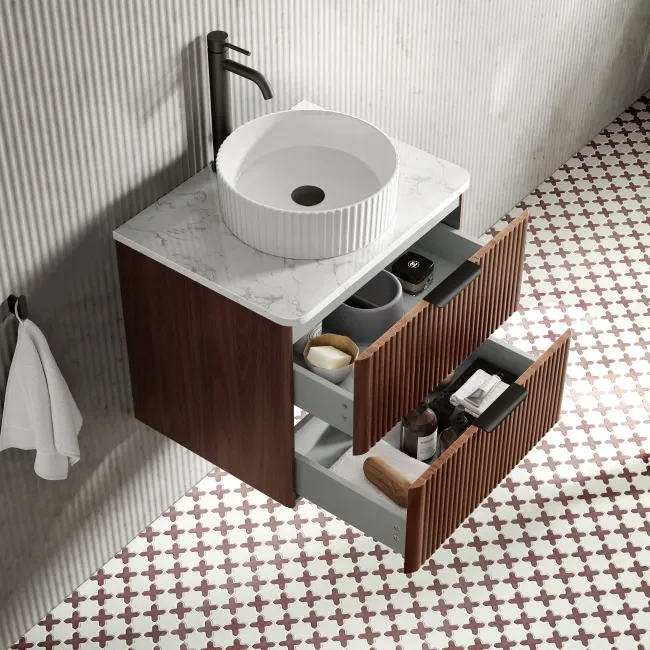 Cadiz Fluted Apex Walnut Wall Hung Drawer Vanity with Marble Top & Nevis Basin 600mm - Black Accents