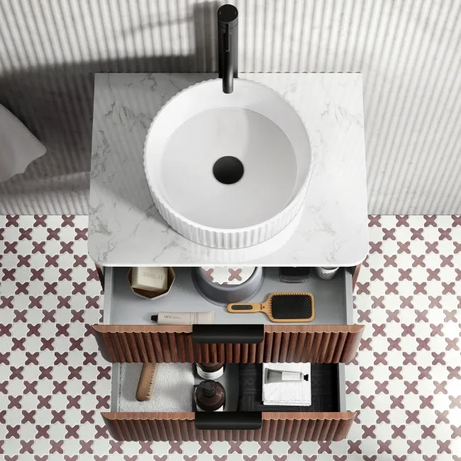 Cadiz Fluted Apex Walnut Wall Hung Drawer Vanity with Marble Top & Nevis Basin 600mm - Black Accents