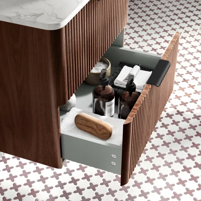 Cadiz Fluted Apex Walnut Wall Hung Drawer Vanity with Marble Top & Nevis Basin 600mm - Black Accents