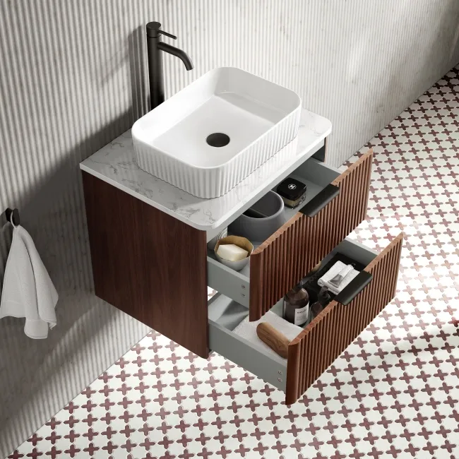 Cadiz Fluted Apex Walnut Wall Hung Drawer Vanity with Marble Top & Reno Basin 600mm - Black Accents
