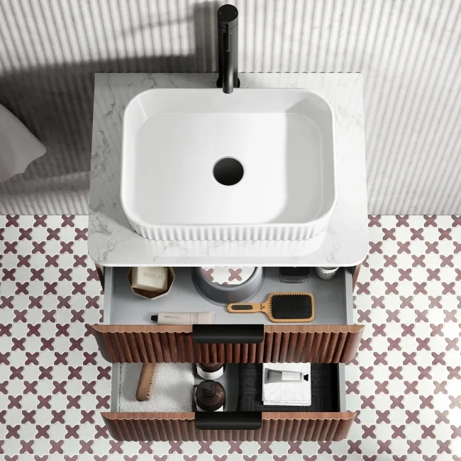 Cadiz Fluted Apex Walnut Wall Hung Drawer Vanity with Marble Top & Reno Basin 600mm - Black Accents