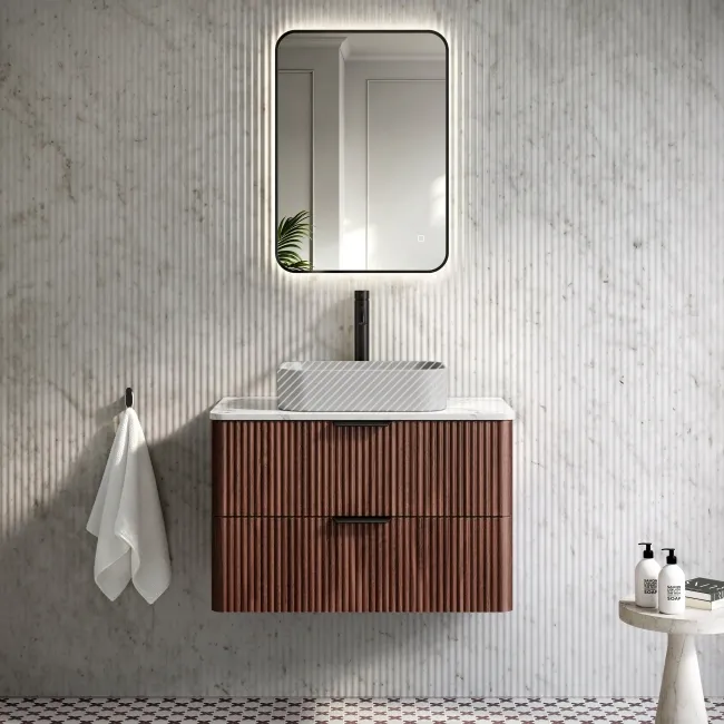 Cadiz Fluted Apex Walnut Wall Hung Drawer Vanity with Marble Top 800mm (Excludes Basin) - Black Accents