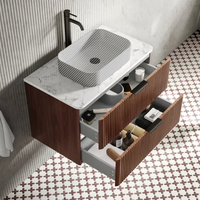 Cadiz Fluted Apex Walnut Wall Hung Drawer Vanity with Marble Top 800mm (Excludes Basin) - Black Accents