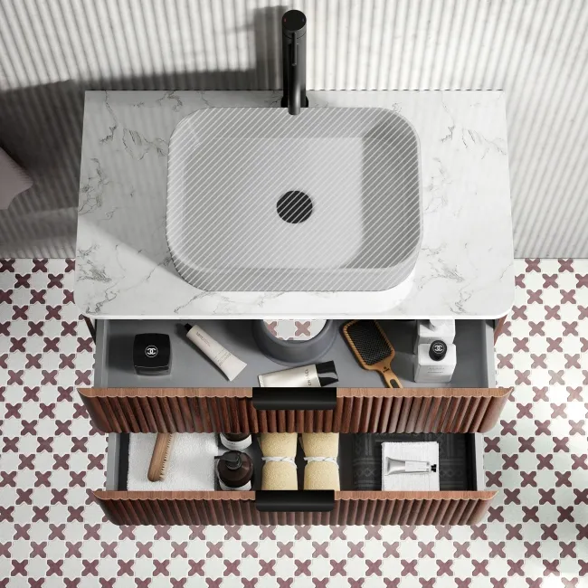 Cadiz Fluted Apex Walnut Wall Hung Drawer Vanity with Marble Top 800mm (Excludes Basin) - Black Accents