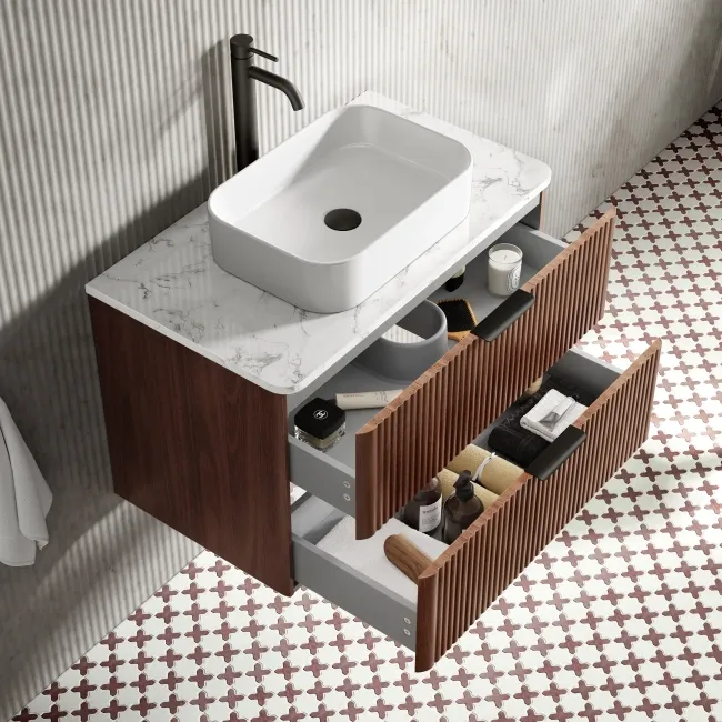 Cadiz Fluted Apex Walnut Wall Hung Drawer Vanity with Marble Top & Marin Basin 800mm - Black Accents