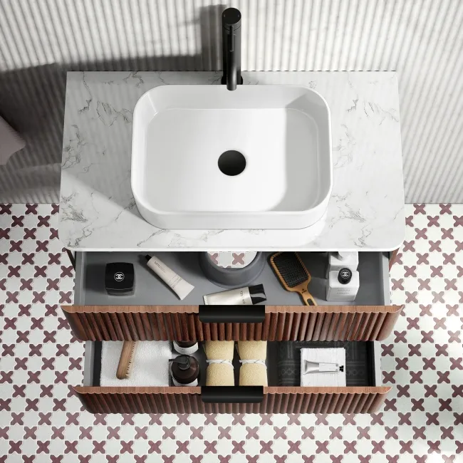 Cadiz Fluted Apex Walnut Wall Hung Drawer Vanity with Marble Top & Marin Basin 800mm - Black Accents