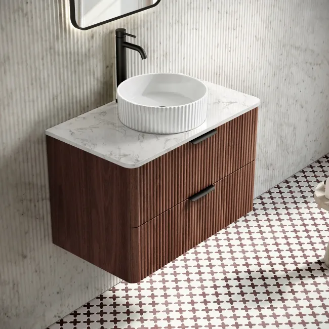Cadiz Fluted Apex Walnut Wall Hung Drawer Vanity with Marble Top & Nevis Basin 800mm - Black Accents