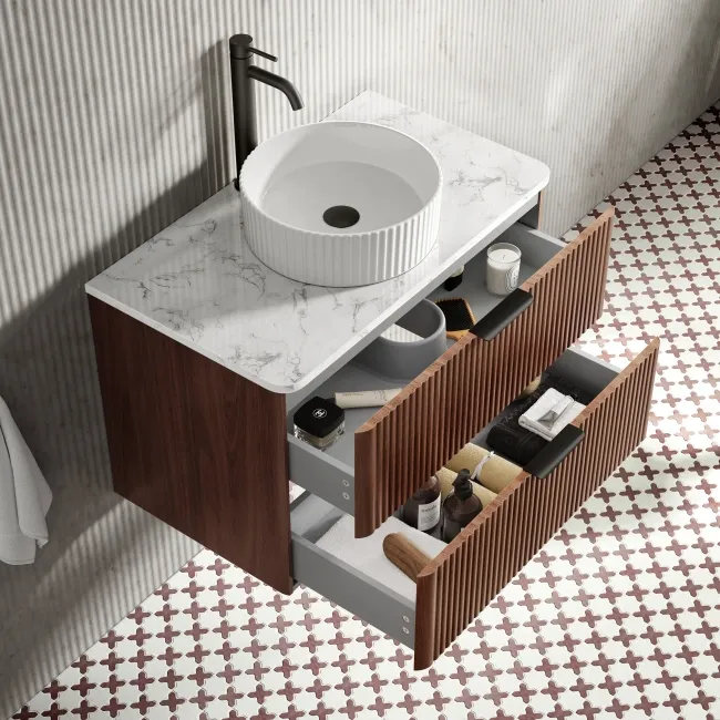 Cadiz Fluted Apex Walnut Wall Hung Drawer Vanity with Marble Top & Nevis Basin 800mm - Black Accents