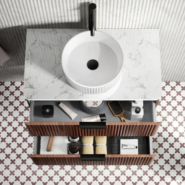 Cadiz Fluted Apex Walnut Wall Hung Drawer Vanity with Marble Top & Nevis Basin 800mm - Black Accents