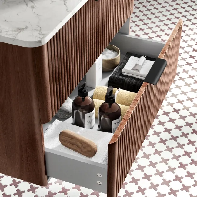 Cadiz Fluted Apex Walnut Wall Hung Drawer Vanity with Marble Top & Nevis Basin 800mm - Black Accents