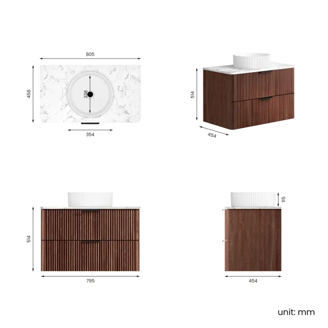 Cadiz Fluted Apex Walnut Wall Hung Drawer Vanity with Marble Top & Nevis Basin 800mm - Black Accents