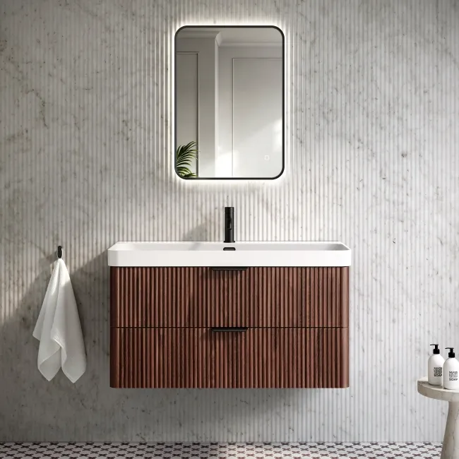 Cadiz Fluted Apex Walnut Wall Hung Basin Drawer Vanity 1000mm - Black Accents