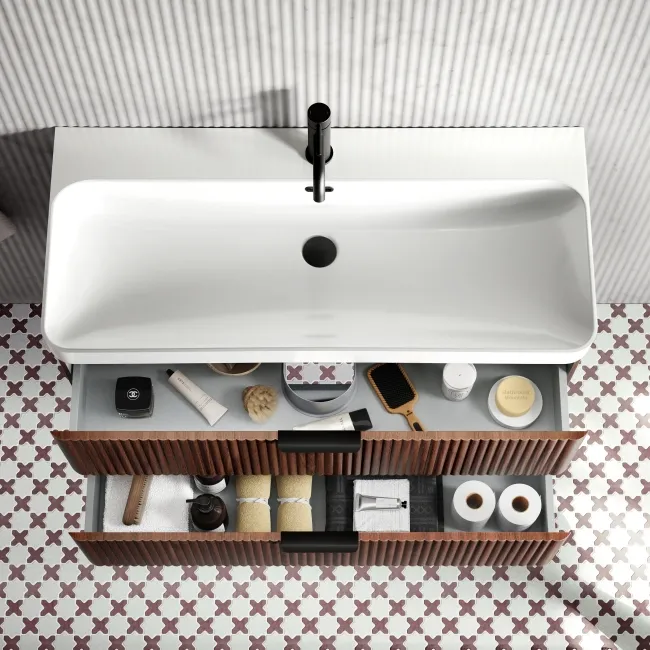 Cadiz Fluted Apex Walnut Wall Hung Basin Drawer Vanity 1000mm - Black Accents