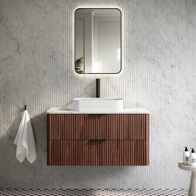 Cadiz Fluted Apex Walnut Wall Hung Drawer Vanity with Marble Top & Marin Basin 1000mm - Black Accents