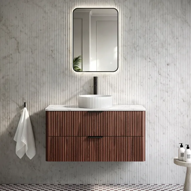 Cadiz Fluted Apex Walnut Wall Hung Drawer Vanity with Marble Top & Nevis Basin 1000mm - Black Accents
