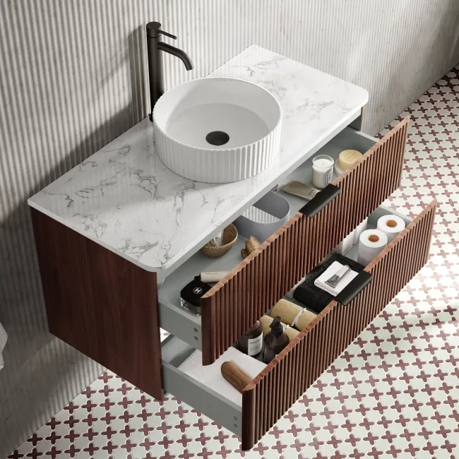 Cadiz Fluted Apex Walnut Wall Hung Drawer Vanity with Marble Top & Nevis Basin 1000mm - Black Accents