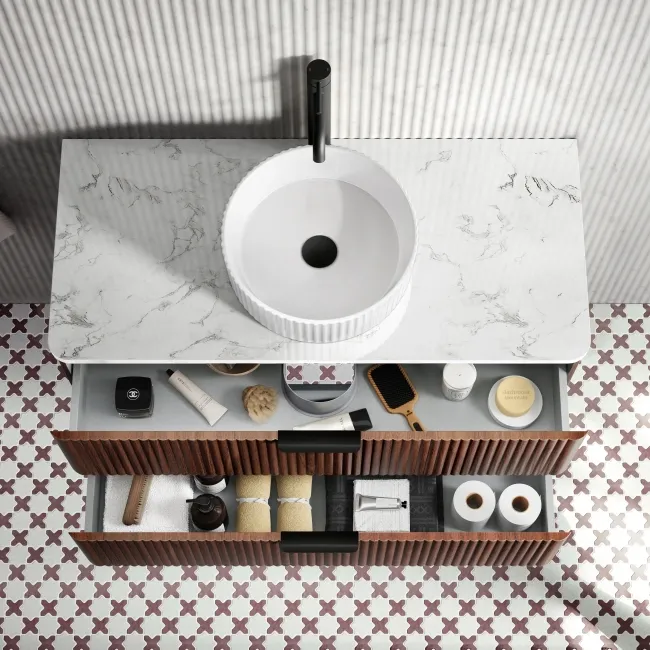 Cadiz Fluted Apex Walnut Wall Hung Drawer Vanity with Marble Top & Nevis Basin 1000mm - Black Accents