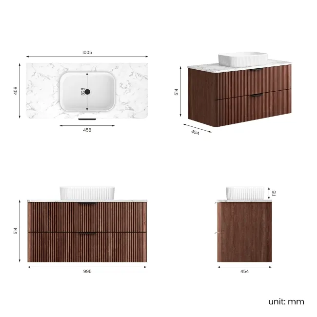 Cadiz Fluted Apex Walnut Wall Hung Drawer Vanity with Marble Top & Reno Basin 1000mm - Black Accents
