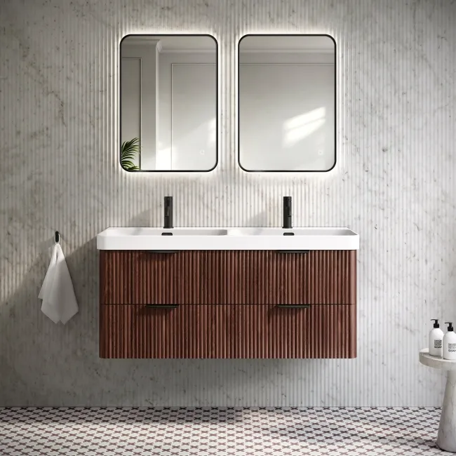Cadiz Fluted Apex Walnut Wall Hung Double Basin Drawer Vanity 1200mm - Black Accents